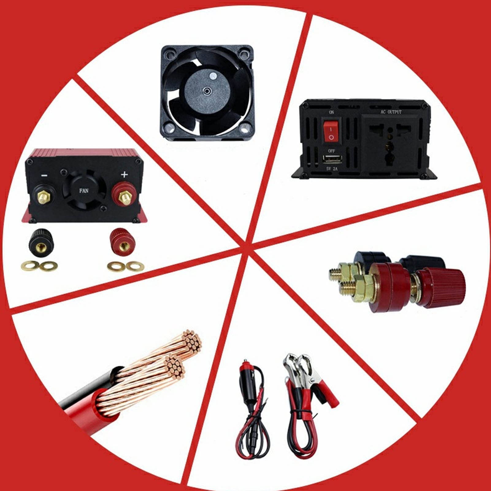 Inversor Solar para Coche Al Aire Libre, Ventilador de Refrigeración de bajo Ruido DC12V a Inversor de Onda Sinusoidal Pura AC220V para Emergencia