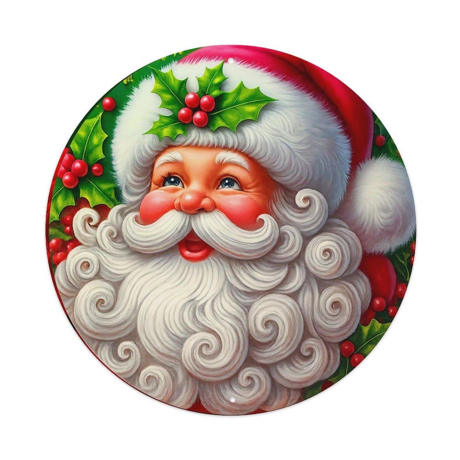 Santa Claus With Holly Berries Vintage Metal Tin Sign Retro Wall Decor for Home Bar Garage Cafe, Indoor & Outdoor Decorative，circle Metal Poster, 8x8 Inch