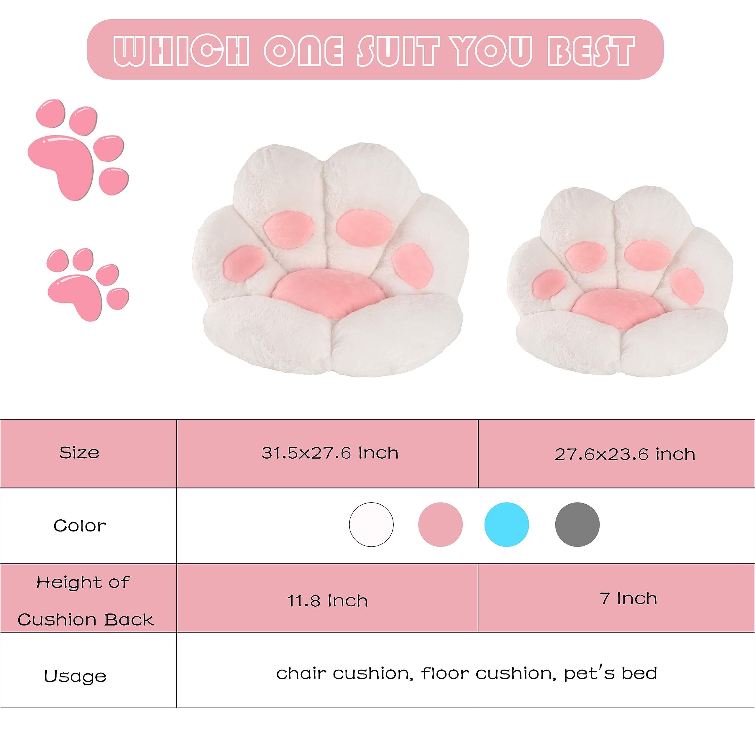 FlyGulls Cat Paw Cushion Kawaii Cat Pillow for Computer Gaming Chair Comfy Cat Paw Seat Cushion for Office Chairs Cute Cat Plush Pillow for Room Decor (White - Image 4