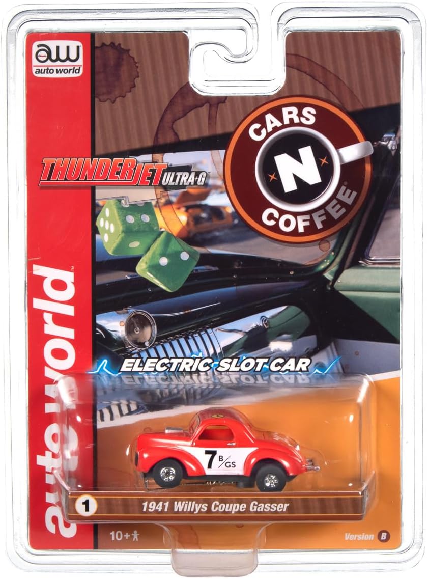 Auto World Thunderjet 1941 Willys Coupe Gasser - Red w/ Race Graphics HO Scale Slot Car