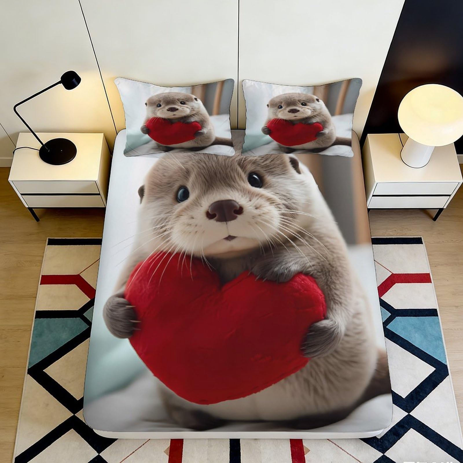 3D Printed Cute Otter Fitted Sheet Microfiber Soft Breathable Heart Plush Bed Cover for Bedroom Dorm Decor 90x200x25cm