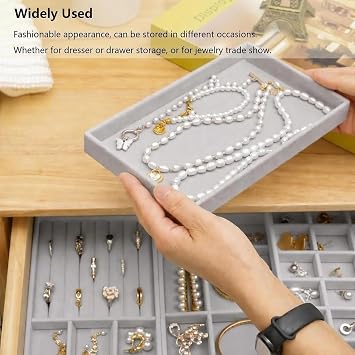 Velvet Drawer Jewelry Organizer Tray, Small Flat Jewelry Organizer for Drawer, Dresser Stacking Display Inserts for Jewelry Accessories in Dresser, Grey Set of 4