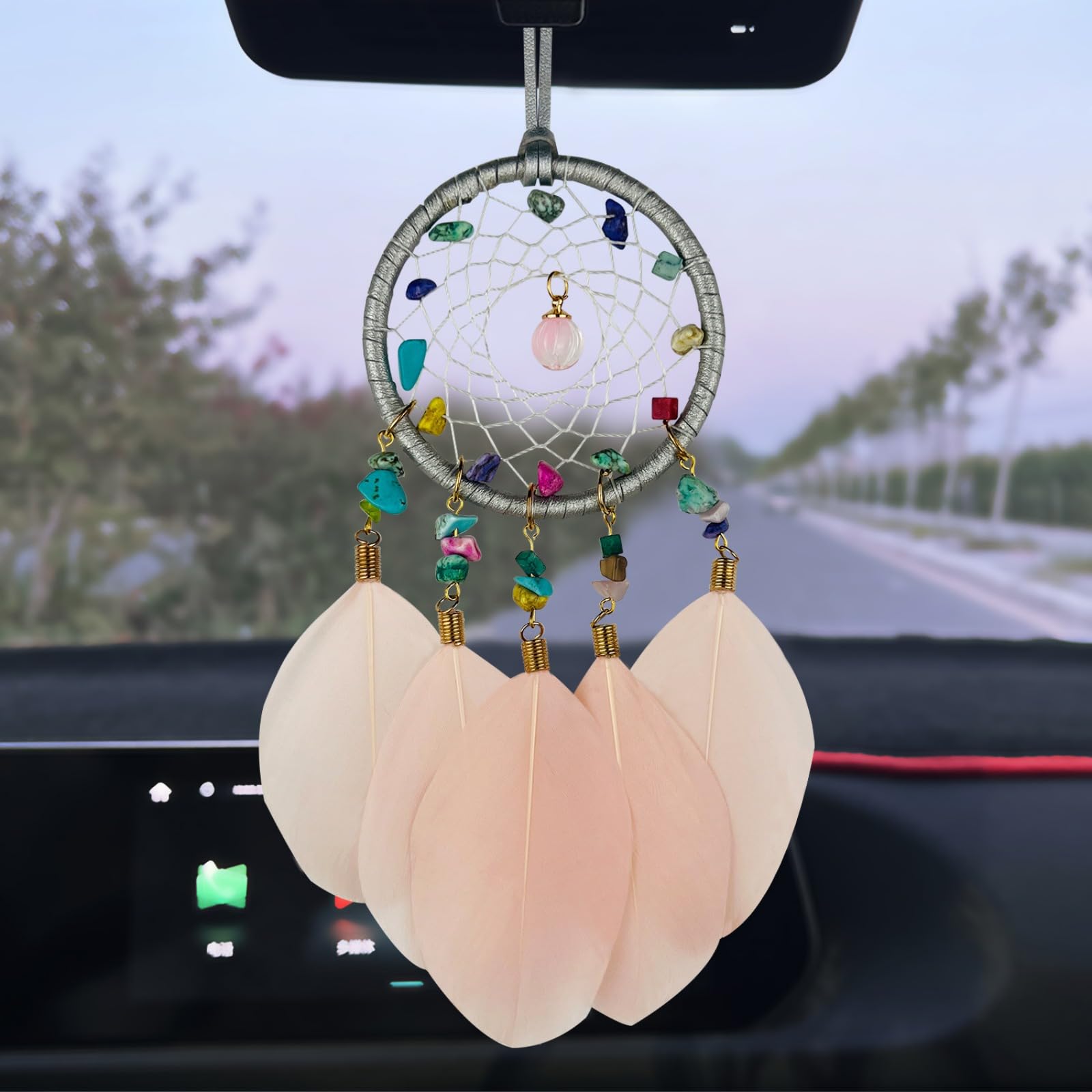 COWRC Women's car Interior Accessories, Woven Dream Catcher car Feather Pendants, Women's car Accessories Creative Interior Rearview Mirror Decorative Feather car Pendants (Pink)