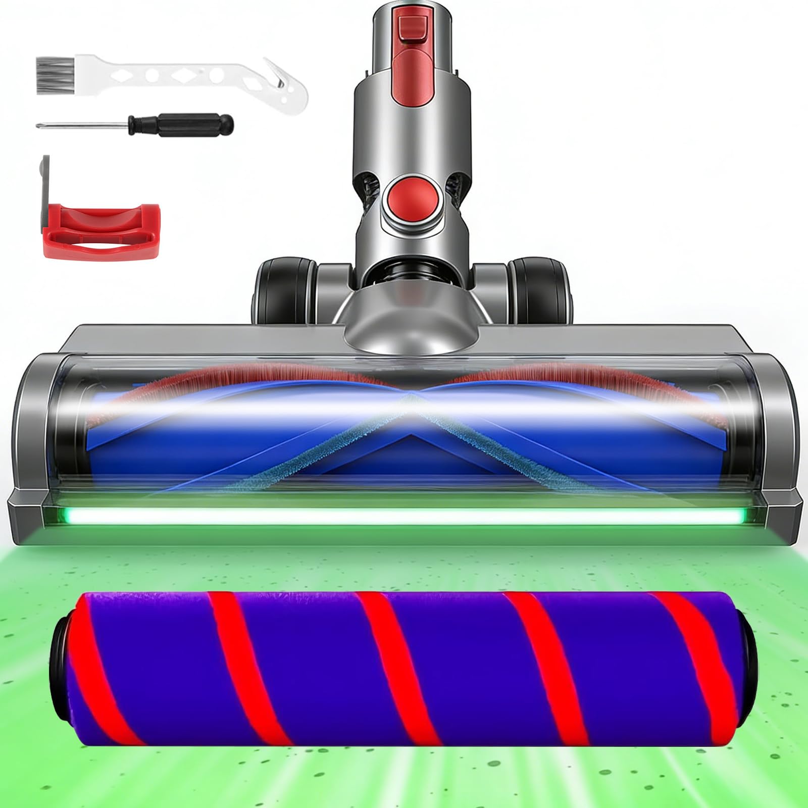 Upgraded 2 Replacement Vacuum Cleaner Heads for Dyson V7 V8 V10 V11 V15 G5, Anti-Tangle Motor-Driven Brush Roll with Green LED Light, Quick-Release Design for Hardwood Floors and Short Pile Carpets