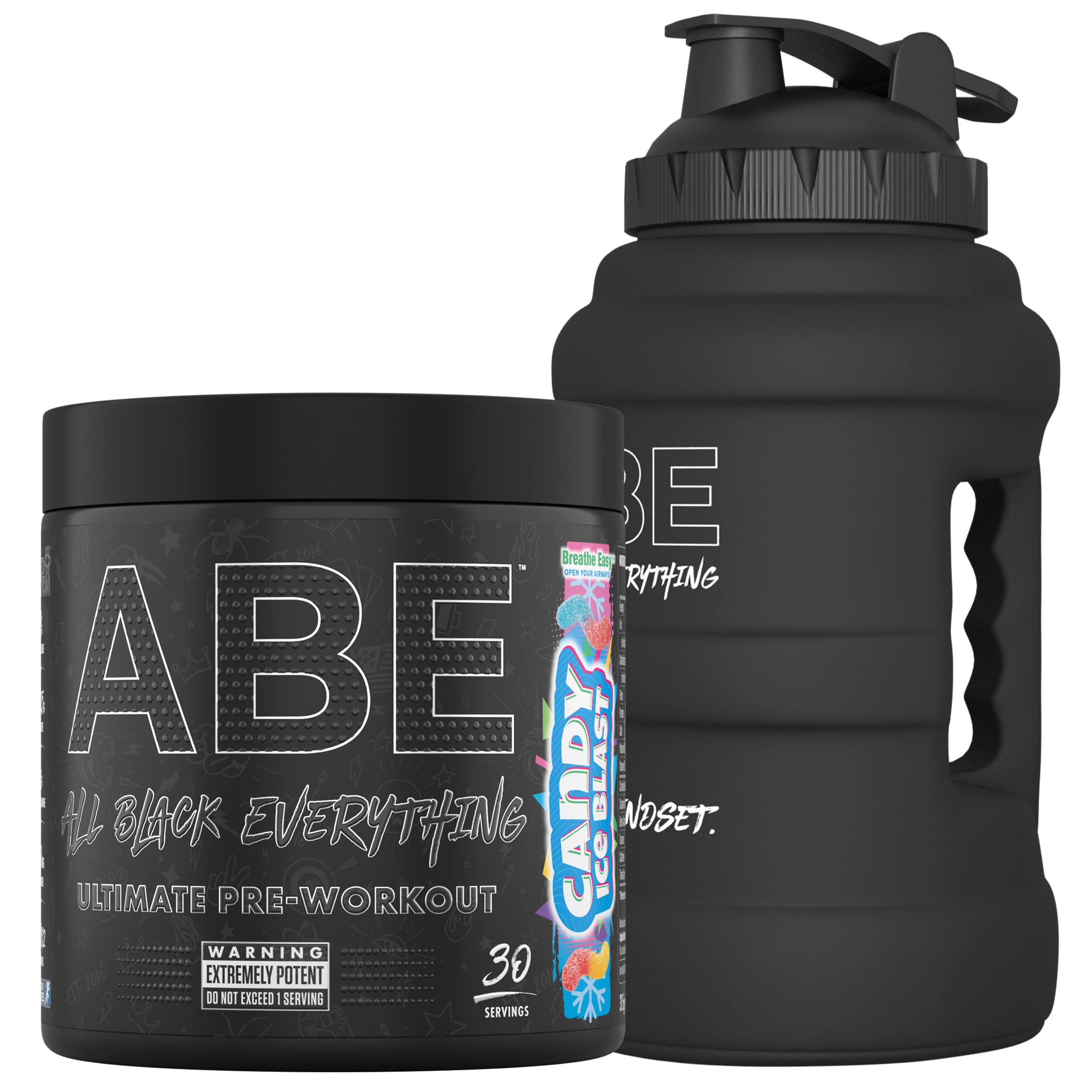 Applied Nutrition Bundle ABE Pre Workout 315g + JUG 2.5 LT Matt Black | All Black Everything Pre Workout Powder, Energy & Physical Performance with Creatine, Beta Alanine (Candy Ice Blast)