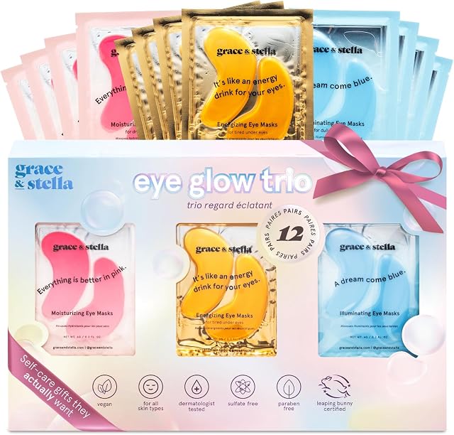 Masques pour les Yeux Primés grace & stella (12 paires) Masques pour les Yeux pour les Yeux Gonflés & Cernes - Cadeaux d'Anniversaire pour Femmes, Cadeaux pour Enterrements de Vie de Jeune Fille, Demoiselles d'Honneur, Soins Personnels, Cadeaux de Relaxation pour Elle