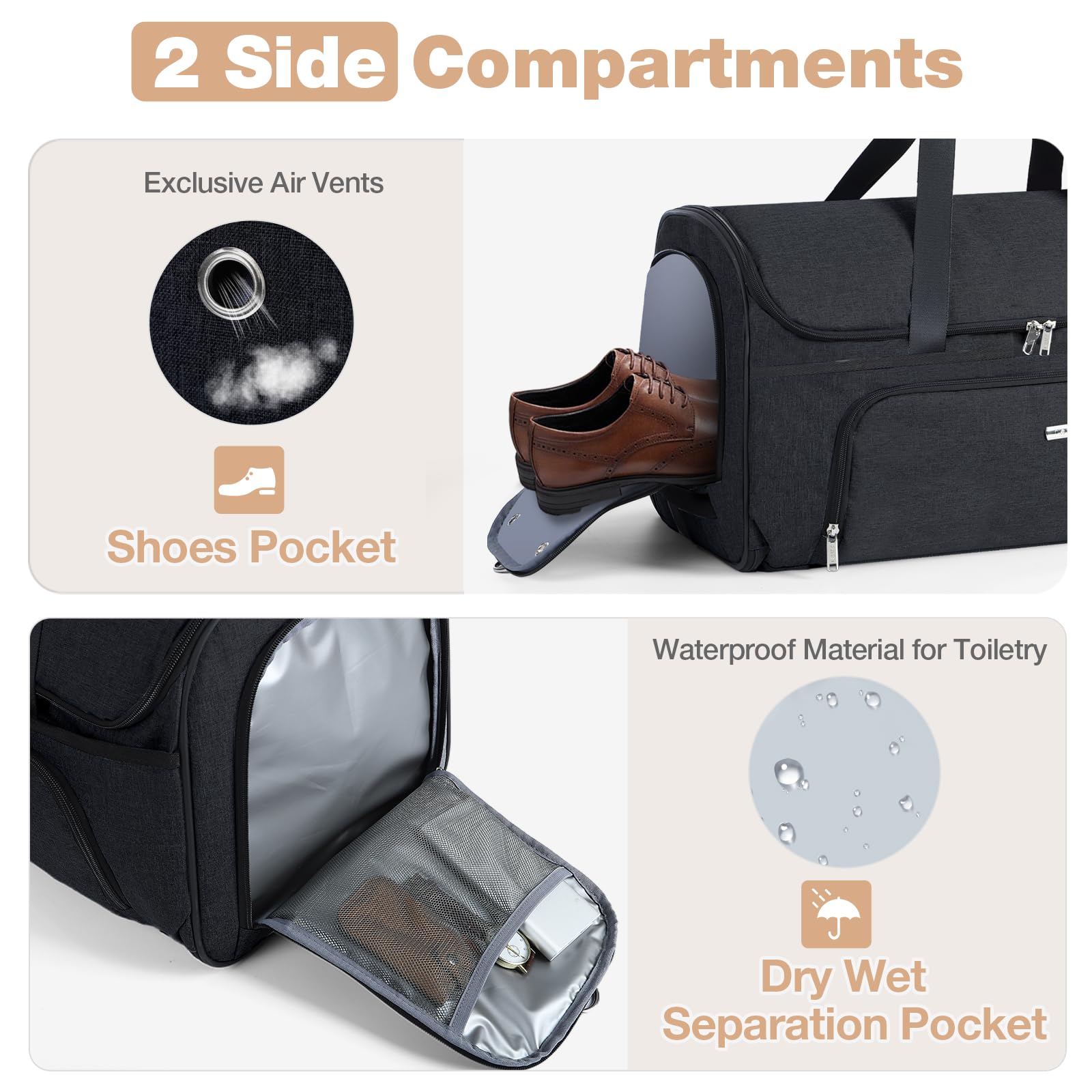 Sac à Vêtements pour Voyage avec roulettes, 3 en 1 Convertible Housses de Costume Homme, Housses de Vêtements avec Compartiment Chaussures, Sac à Bagage à Main de Voyage avec Roues, Noir