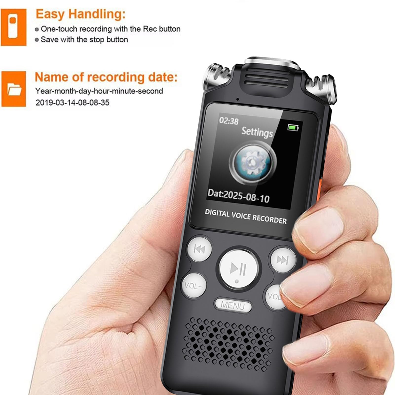 Grabadora de Voz Digital, Reducción de Ruido AI Grabación Clara y Reducción Automática de Ruido, Memoria de Gran Capacidad, Grabadora Multifuncional, Portátil y Segura con (32GB)