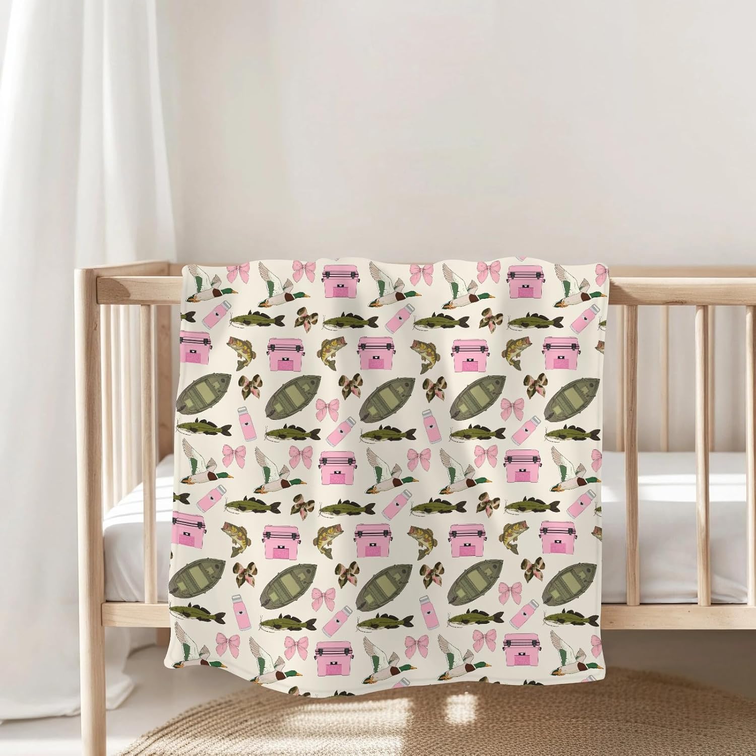Pink Fishing Hunting Girly Baby Blankets for Girl Boats Bass Fish Duck Bows Soft Flannel Swaddle Blankets for Infant Toddler Crib Summer Lake Country Fishing Nursery Bed Blanket Playmat 40x50inch