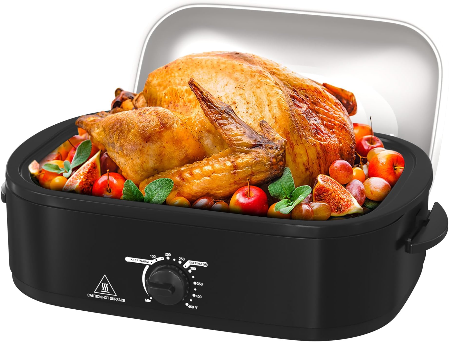 14 Quart Roaster Oven with Self-Basting Lid, with Removable Roasting Rack, Turkey Defrost & Warm Function, Adjustable Temperature, Stainless Steel, Black