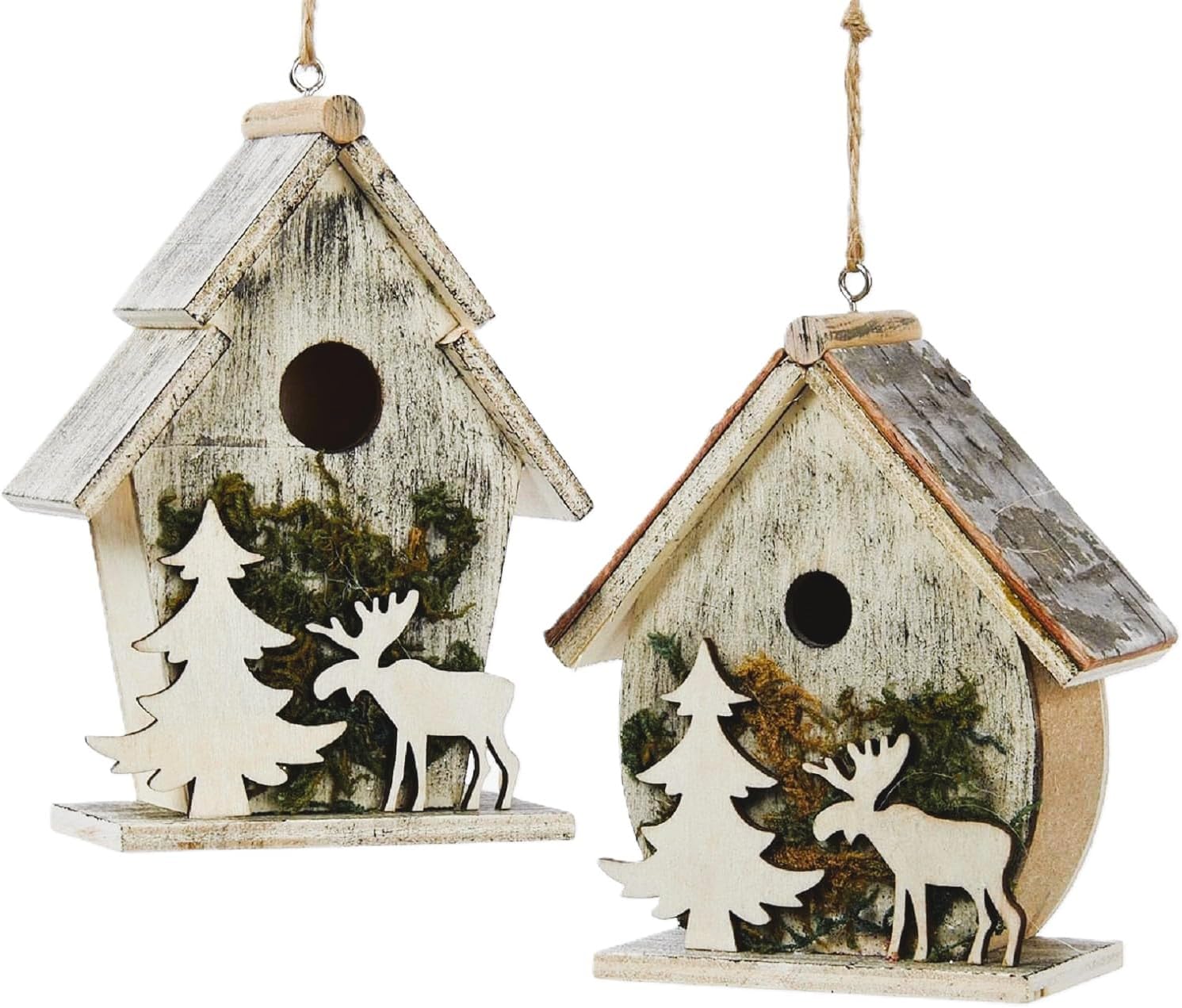 Kurt Adler C6258 Birdhouses With Moose And Tree Moss Christmas Holiday Ornaments Set Of 2