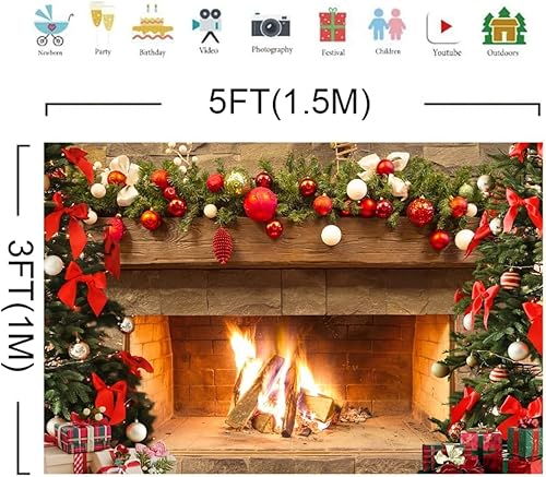 Miniatura 5 de Lofaris Telón de fondo de chimenea de Navidad de 5 x 3 pies, diseño vintage de árbol de fuego, medias rojas, regalos de fondo de fotografía de