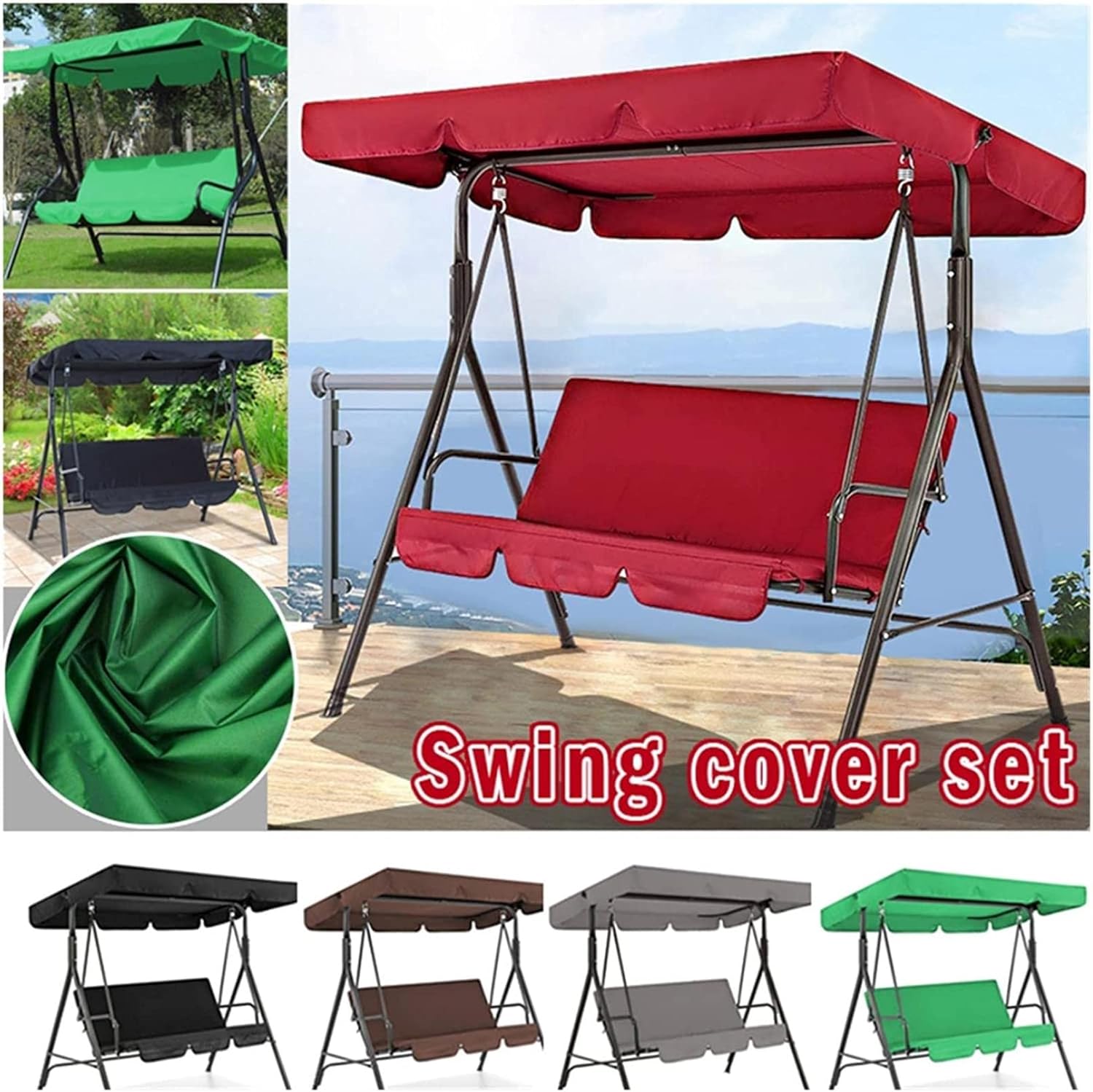 Patio Chair Covers for Outdoor Furniture 3 Seat Swing Canopies + Seat Cushion Cover Set, Patio Swing Chair Hammock Replacement Waterproof Garden Patio Egg Chair (Color : Red)