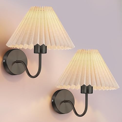 Miniatura 1 de Juego de 2 apliques de pared, lámparas de pared para interiores con pantalla de tela, lámpara de pared de tela plisada, lámpara cableada para