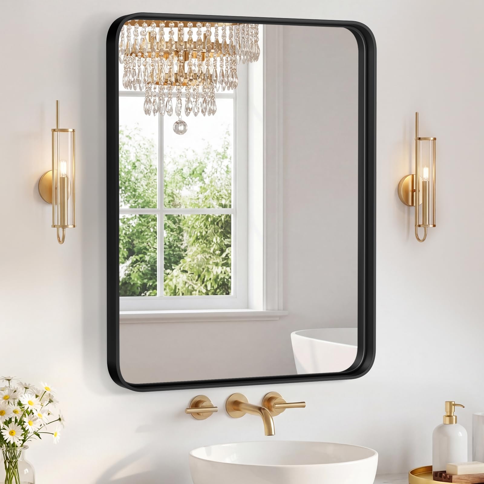 Sweetcrispy Bathroom Mirror 36x28 Inch Metal Framed Rounded Rectangle Vanity Mirror for Wall, Over Sink, Farmhouse, Restroom, Anti-Rust, Modern Decorative, Horizontal or Vertical Hanging, Black