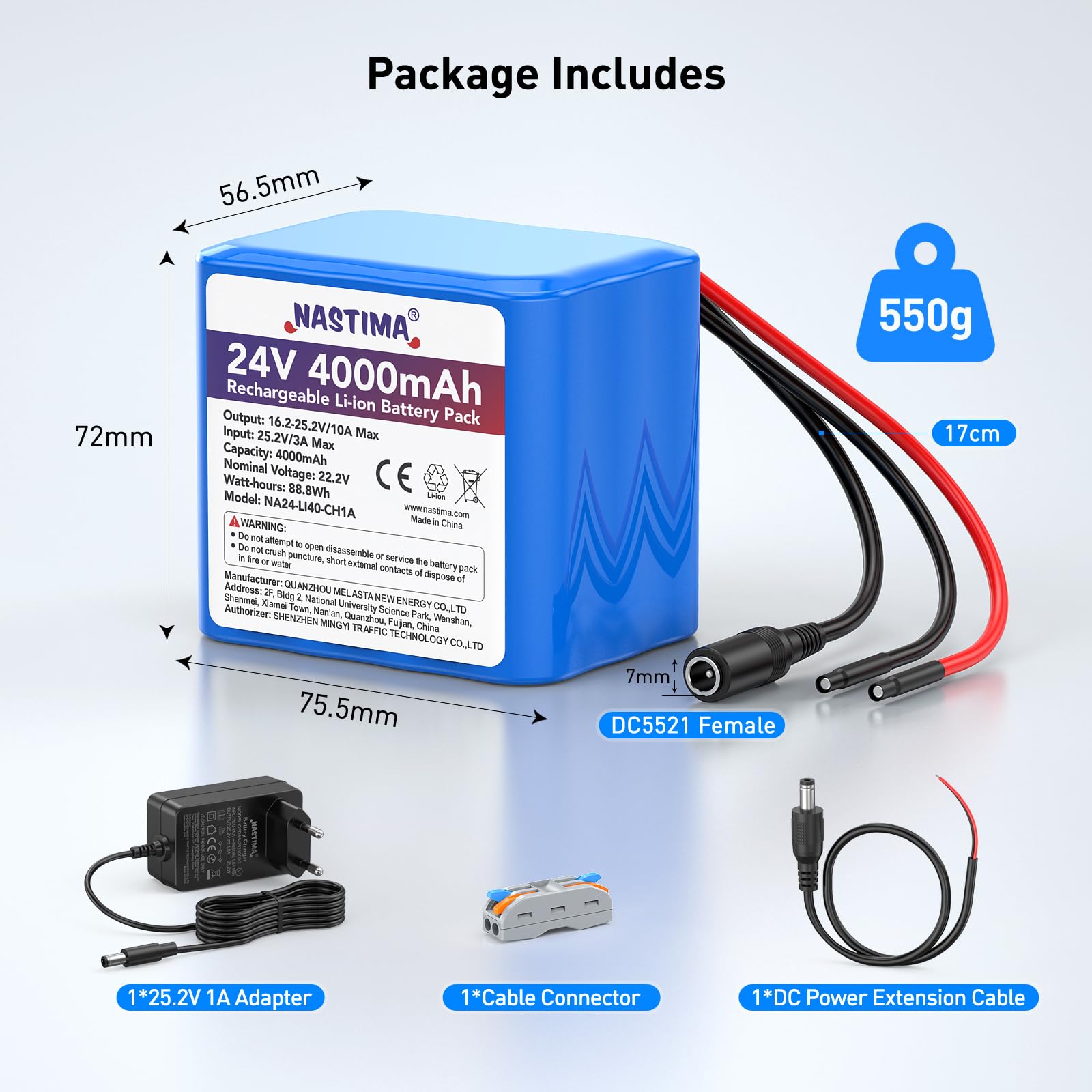 NASTIMA 4000mAh 88,8Wh 24V Wiederaufladbarer Lithium-Ionen-Akku, Geeignet für Bluetooth-Lautsprecher, RC-Cars, Solarstromanlagen, Heimwerkerprojekte usw. Inklusive Ladegerät und Steckverbinder