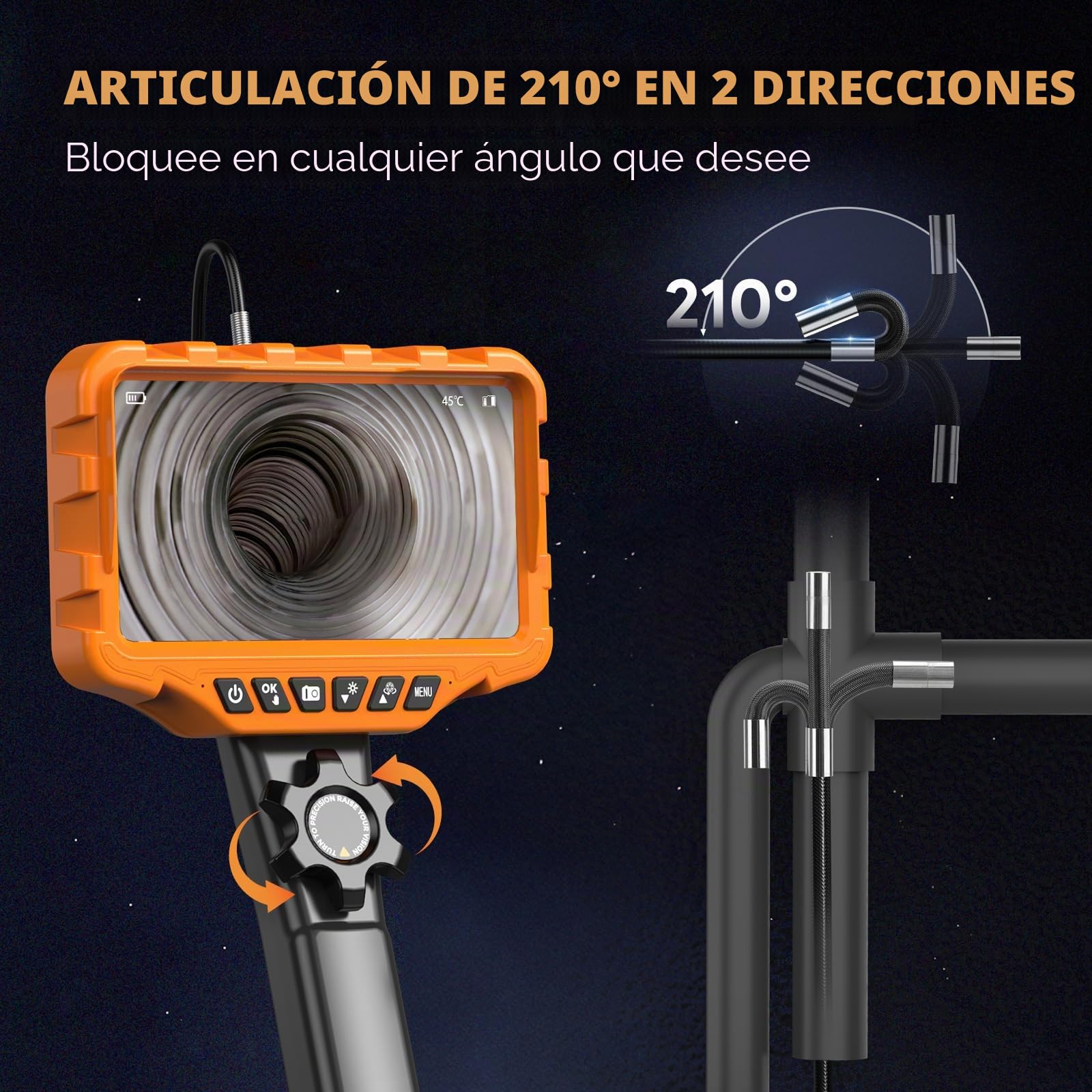 Endoscopio Cámara de Inspección, 7'' IPS HD 1080P Cámara Endoscópica con Control de Rueda, Rotación Bidireccional 210°, boroscopio Industrial de 6.5 mm-1,6M