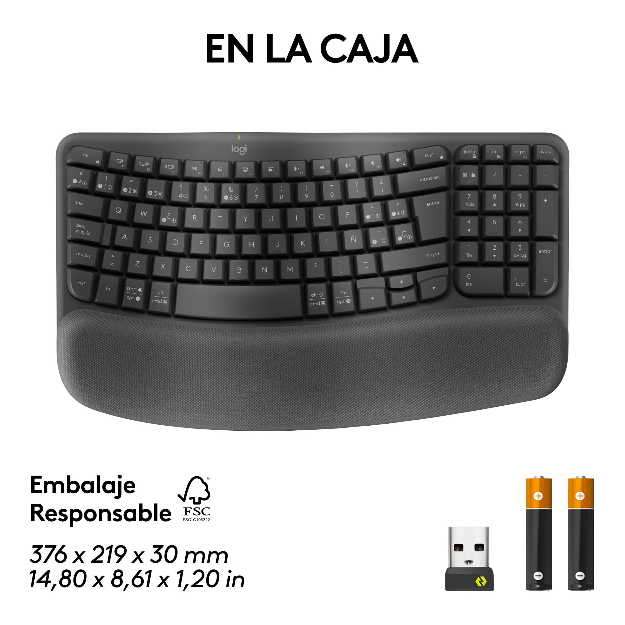 Logitech Wave Keys for Business, teclado ergonómico inalámbrico con reposamanos acolchado, tecnología Logi Bolt segura, Bluetooth, compatible, Windows/Mac/Chrome/Linux, Disposición QWERTY ESP, Grafito