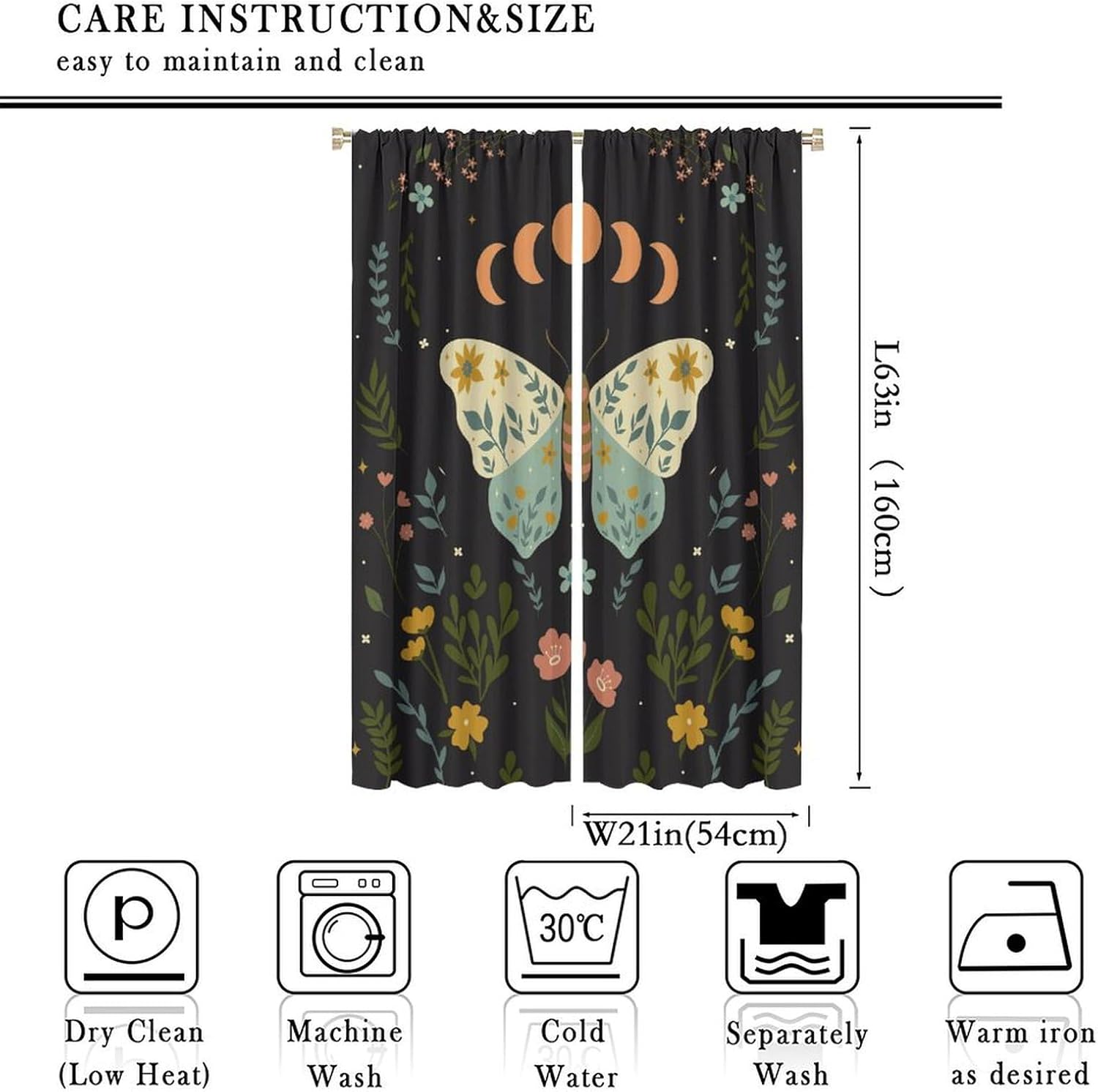 Moon Phase Gothic Moth Curtains, Black Vintage Flower Butterfly Moth Cartoon Style Rod Pocket Bedroom Living Room Blackout Curtains42X63 Inch