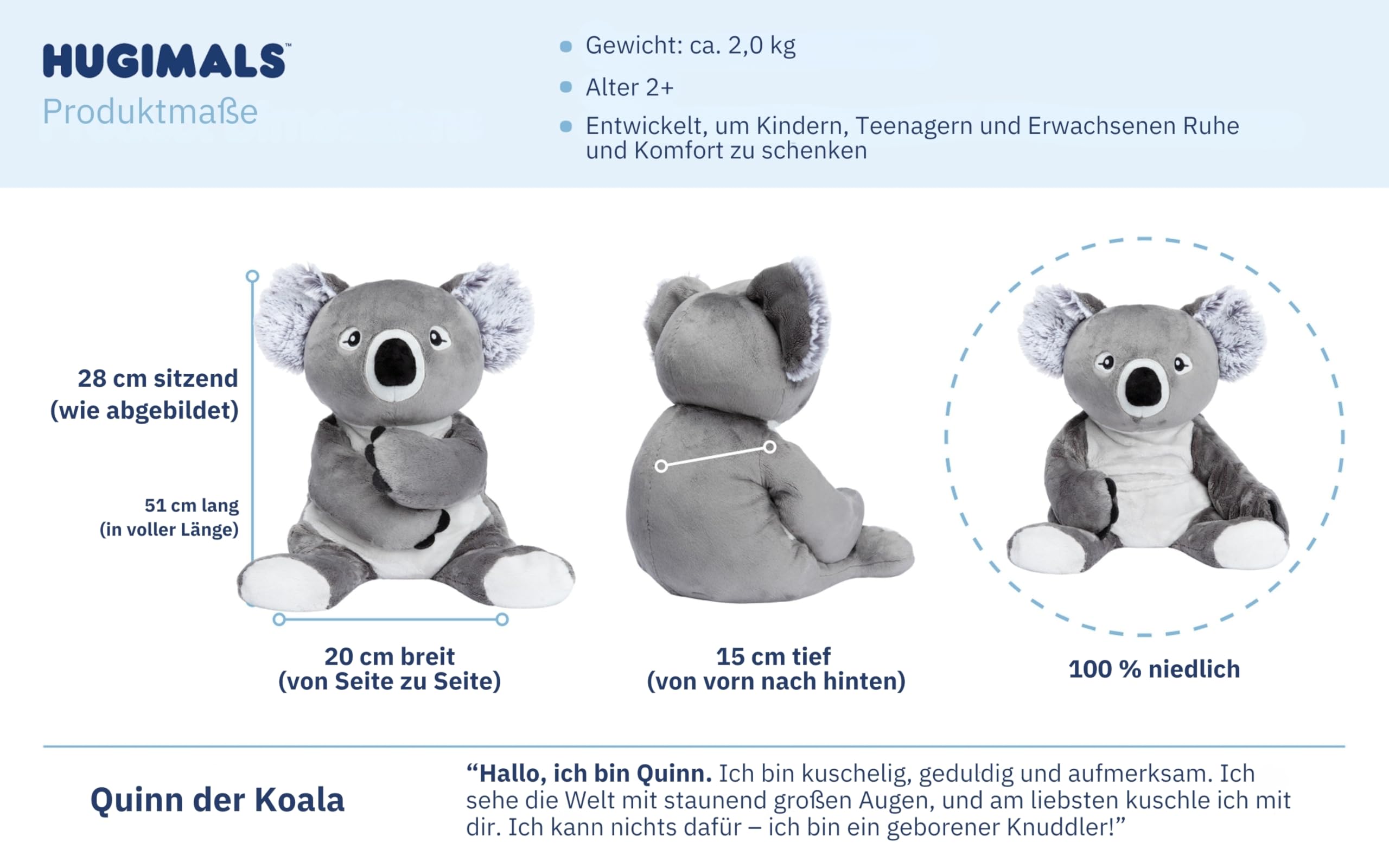 HUGIMALS Quinn der Koala – 2 kg schweres Kuscheltier für Kinder, Jugendliche und Erwachsene – Weiches Plüschtier zum Stressabbau und zur Beruhigung – Duftlos, waschbar, kuscheliges Angstspielzeug