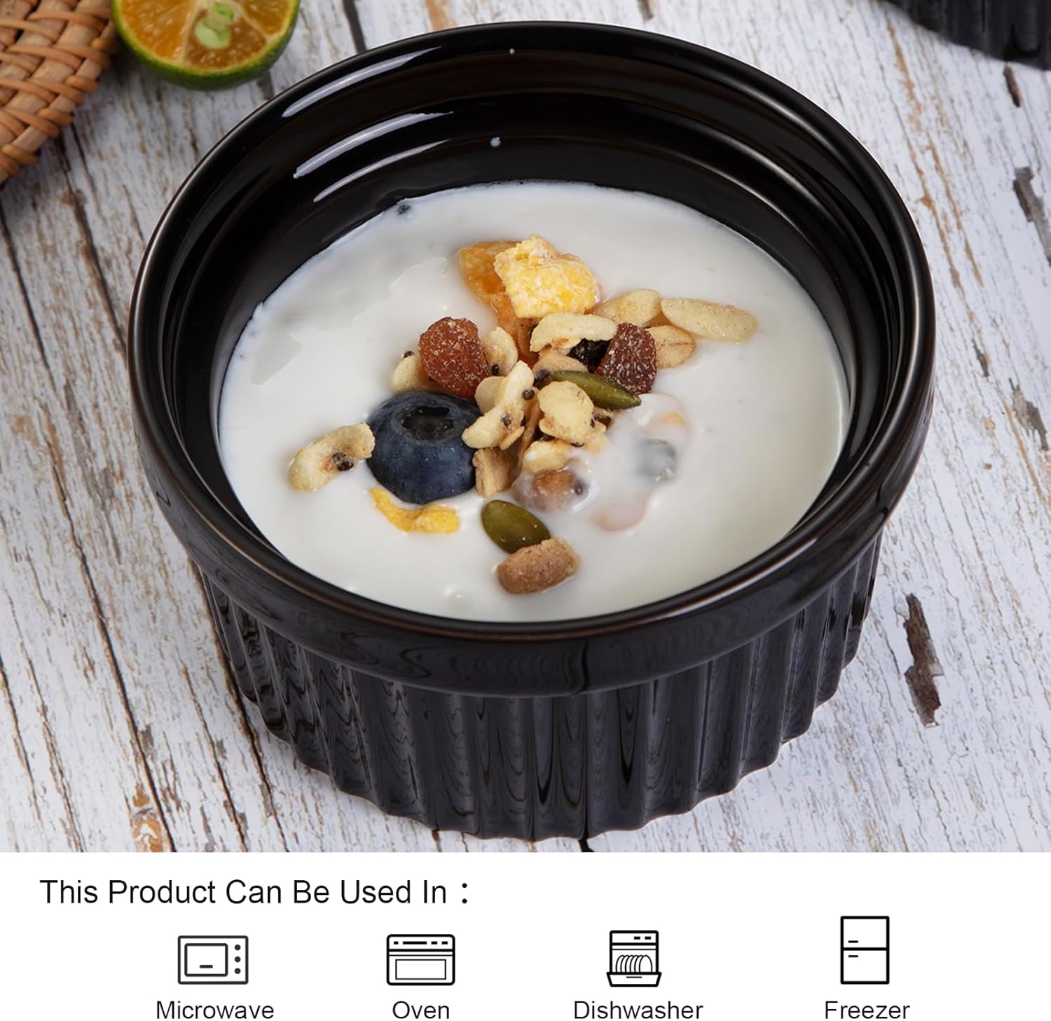 Garvee 8 oz Set of 8 Ceramic Ramekins, Porcelain Creme Brulee Souffle Ramekins for Baking, Pudding Custard Cups, Dipping Sauces, Dishwasher and Oven Safe, Black