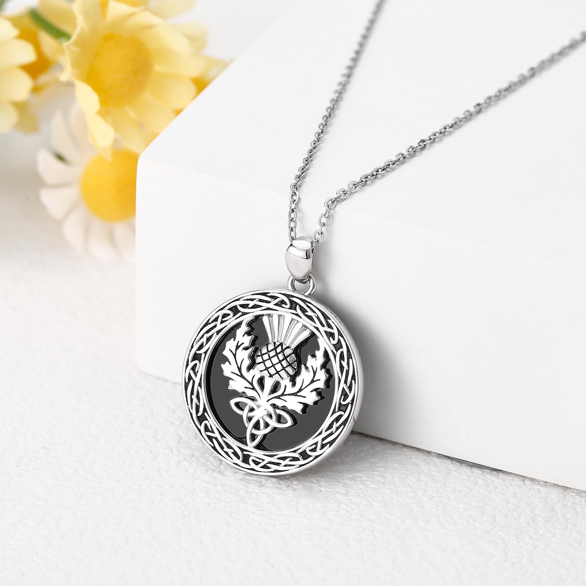 Schottische Distel Halskette Sterling Silber Schwarzer Onyx Keltischer Anhänger Neckalce für Frauen Schottischer Distelschmuck für Frauen