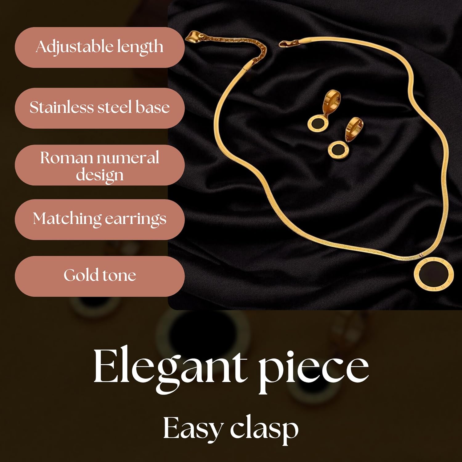 18K Gold-Plated Roman Numeral Jewelry Set, Vintage Design Adjustable Pendant Necklace & Earrings Set for Women - (15-17 Inches) with Exquisite Box - Image 5