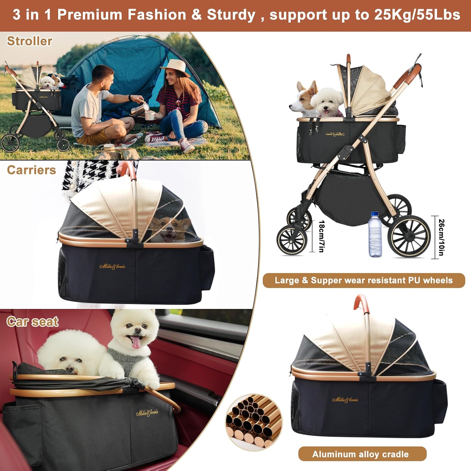 MILA&LOUIS Dog Stroller, 24" Pet Cradle, Large PU Wear-Resistant Wheels, Cat Stroller for Small & Medium 55 lbs, Lightweight Pet Stroller, Detachable Aluminum Cradle, Cup Holder, Hook & Rain Cover