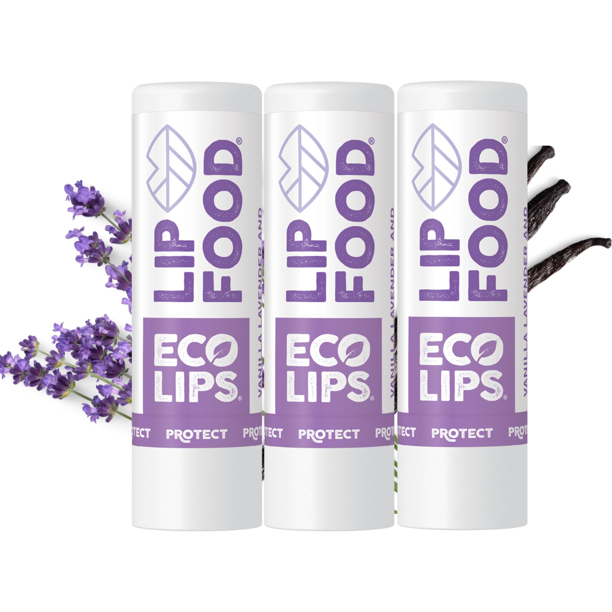 Eco Lips Lip Food - Nutrient Dense & Organic Lip Balm (Protect) - Lavender & Vanilla Flavor, 3-pack
