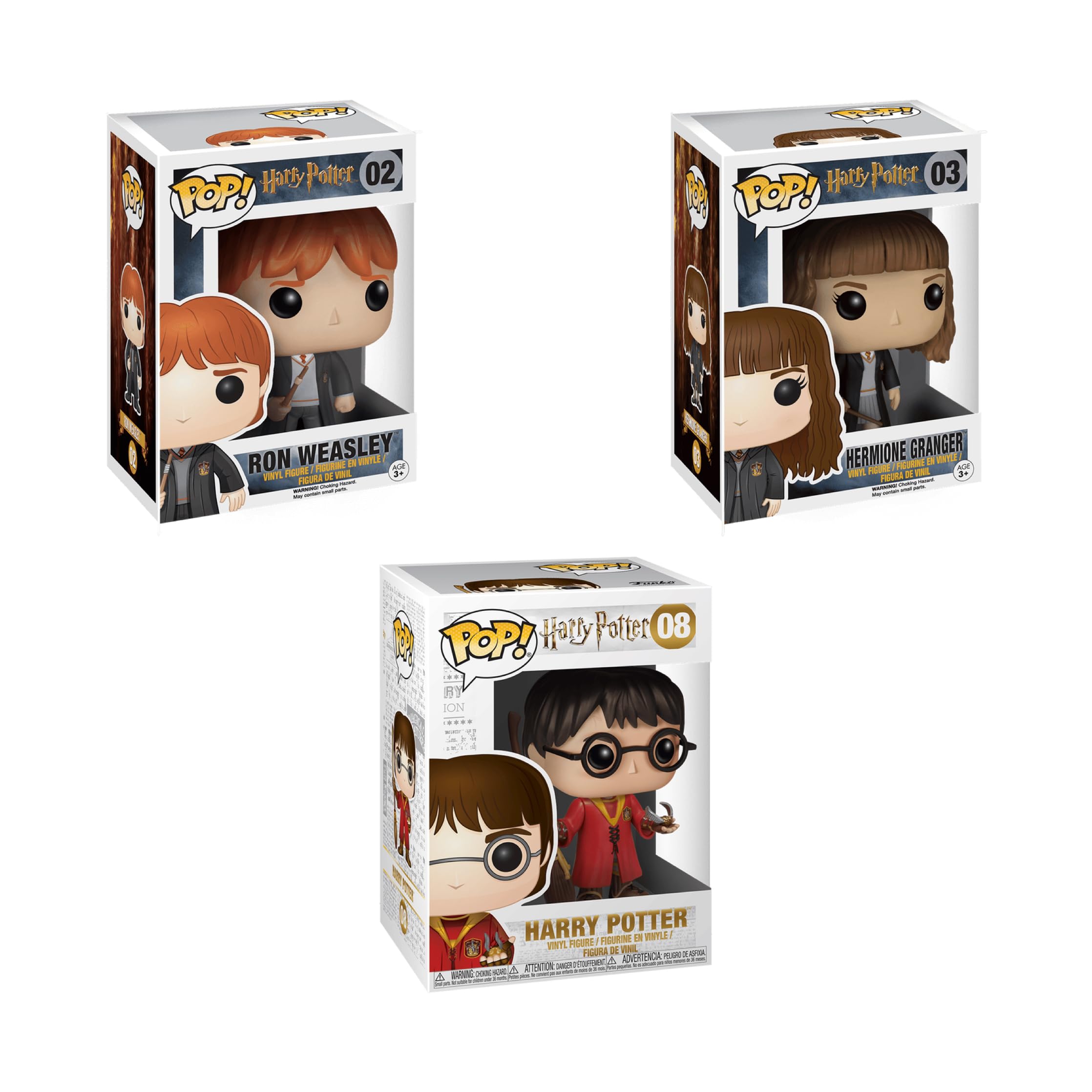FunkoPop! Movies: Harry Potter 3-Pack – Ron Weasley (#02), Hermione Granger (#03), & Quidditch Harry (#08) Collectible Vinyl Figures