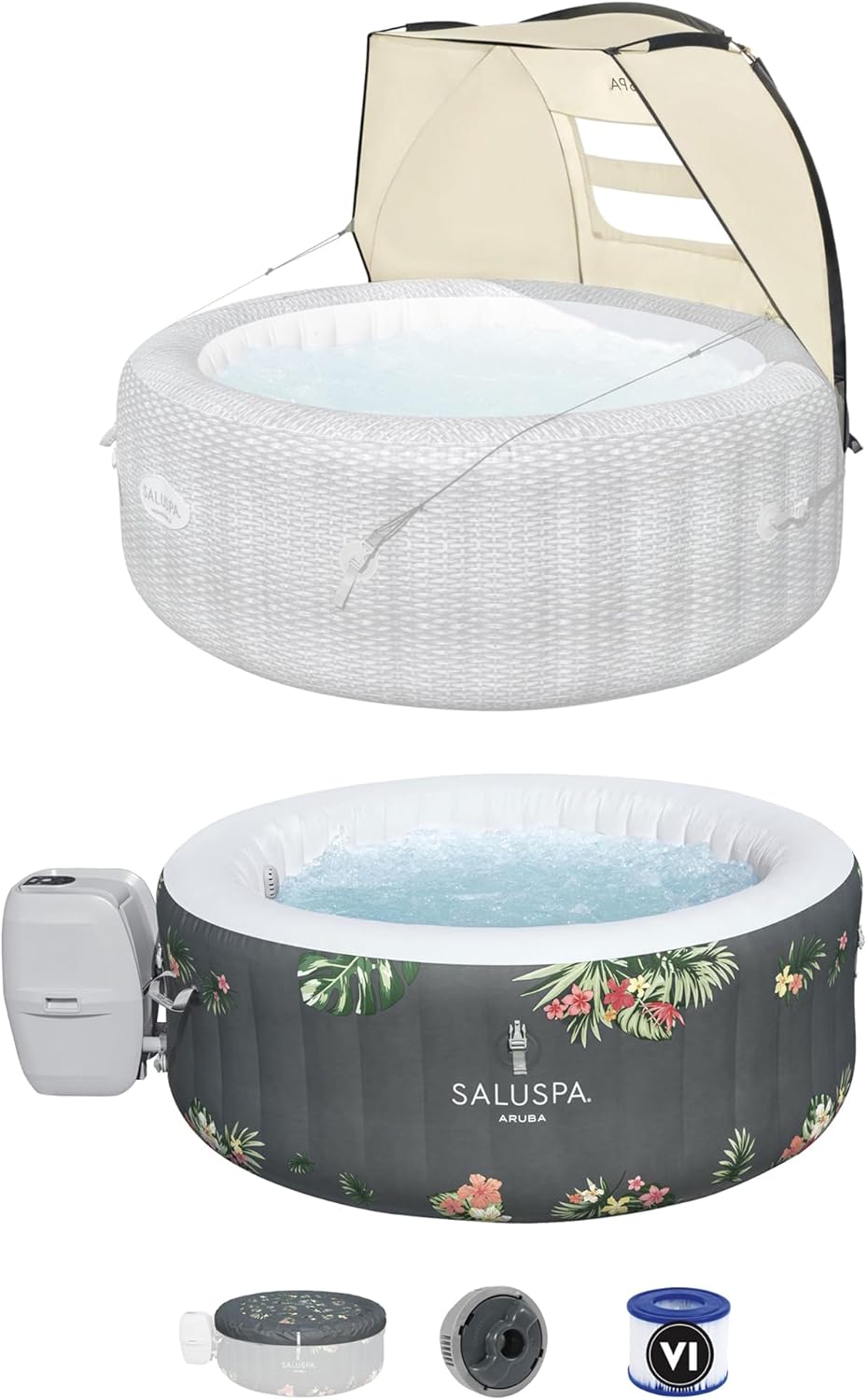 Bestway SaluSpa Sun Shade Canopy Bundled with Aruba SaluSpa Inflatable Outdoor Hot Tub with 110 Soothing AirJets and Insulated Cover