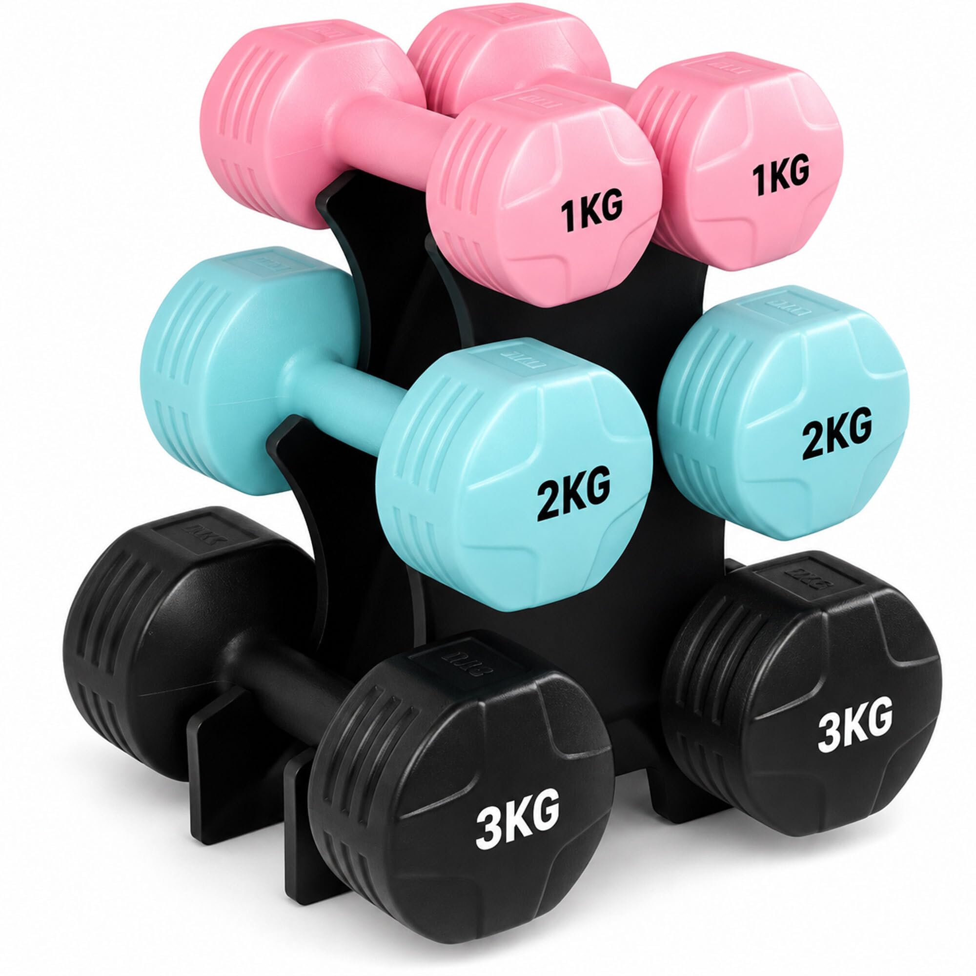 TANNESS Dumbbells Set with Rack, 12kg Hand Weights for Women – Free Weights | 12KG WEIGHTS SET - NON- SLIP , 1kg, 2kg and 3kg Dumbbell Pairs for Home Fitness, Gym Workouts and Pilates Weight Exercises
