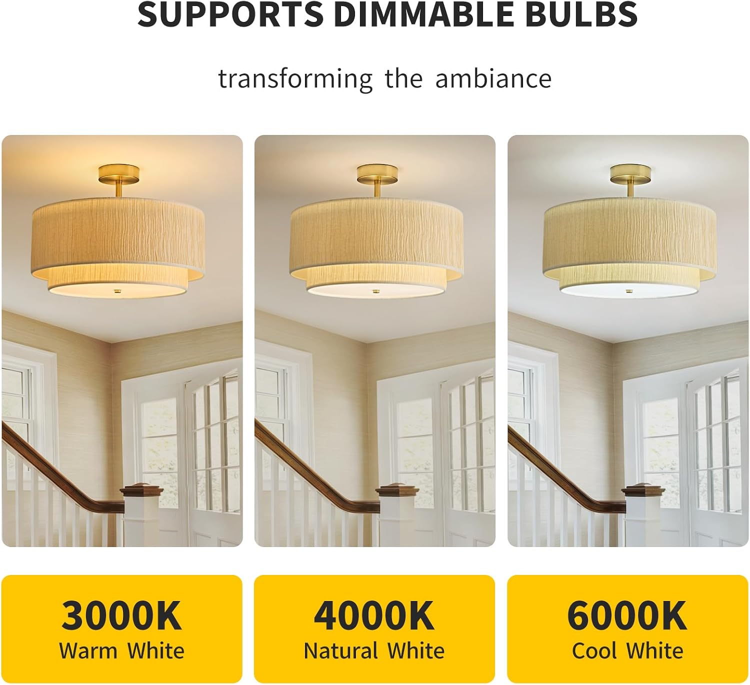 16" Double Drum Semi-Flush Mount Ceiling Light, 3-Light Xuan Paper Shade Design, Farmhouse Gold Light Fixture for the Living Room, Bedroom, Kitchen, Dining Room, Entryway, and Hallway 5 71DgDLEMbHL. AC SL1500