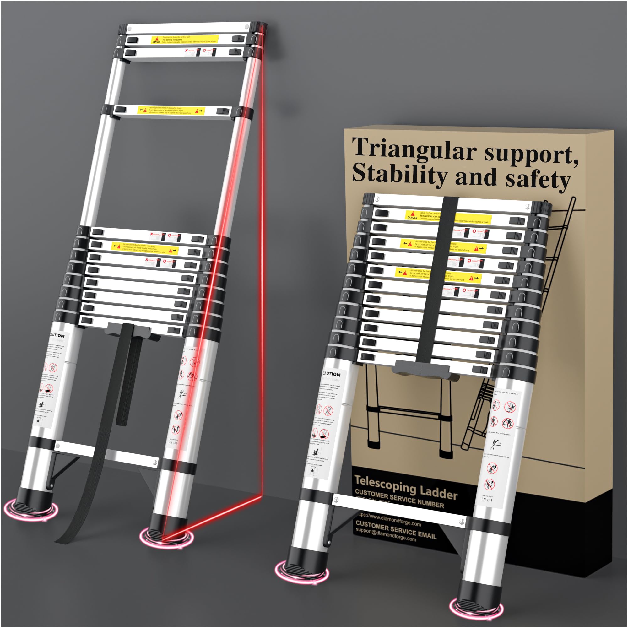 Telescoping Ladder, 12.5 FT Aluminum Telescopic Ladder, 330 Lbs Silver