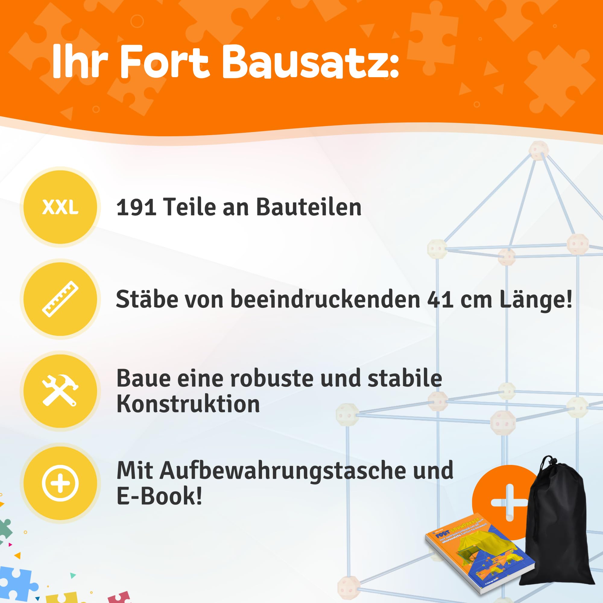 Fort Bausatz XL mit 191 Teilen, Höhle Bauen Kinder, Konstruktionsspielzeug Stecksystem, Spielzelt für Indoor & Outdoor, Kreatives Bauspielzeug, Steckspiele ab 5 Jahren, Inkl. Tasche & E-Book