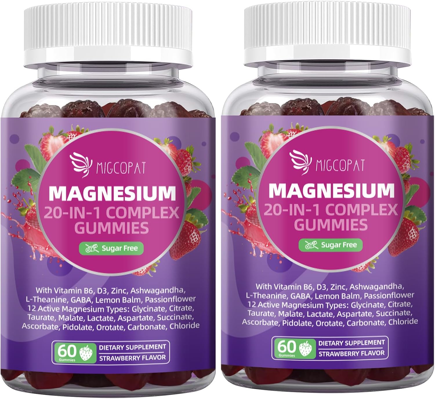 Migcopat Magnesium Complex Gummies, 20 in 1 Magnesium Gummy with Glycinate Citrate Malate Taurate - Ashwagandha, L-Theanine, D3&Zinc for Relaxation, Sleep, Muscle&Heart Support, Strawberry, 120 Cts