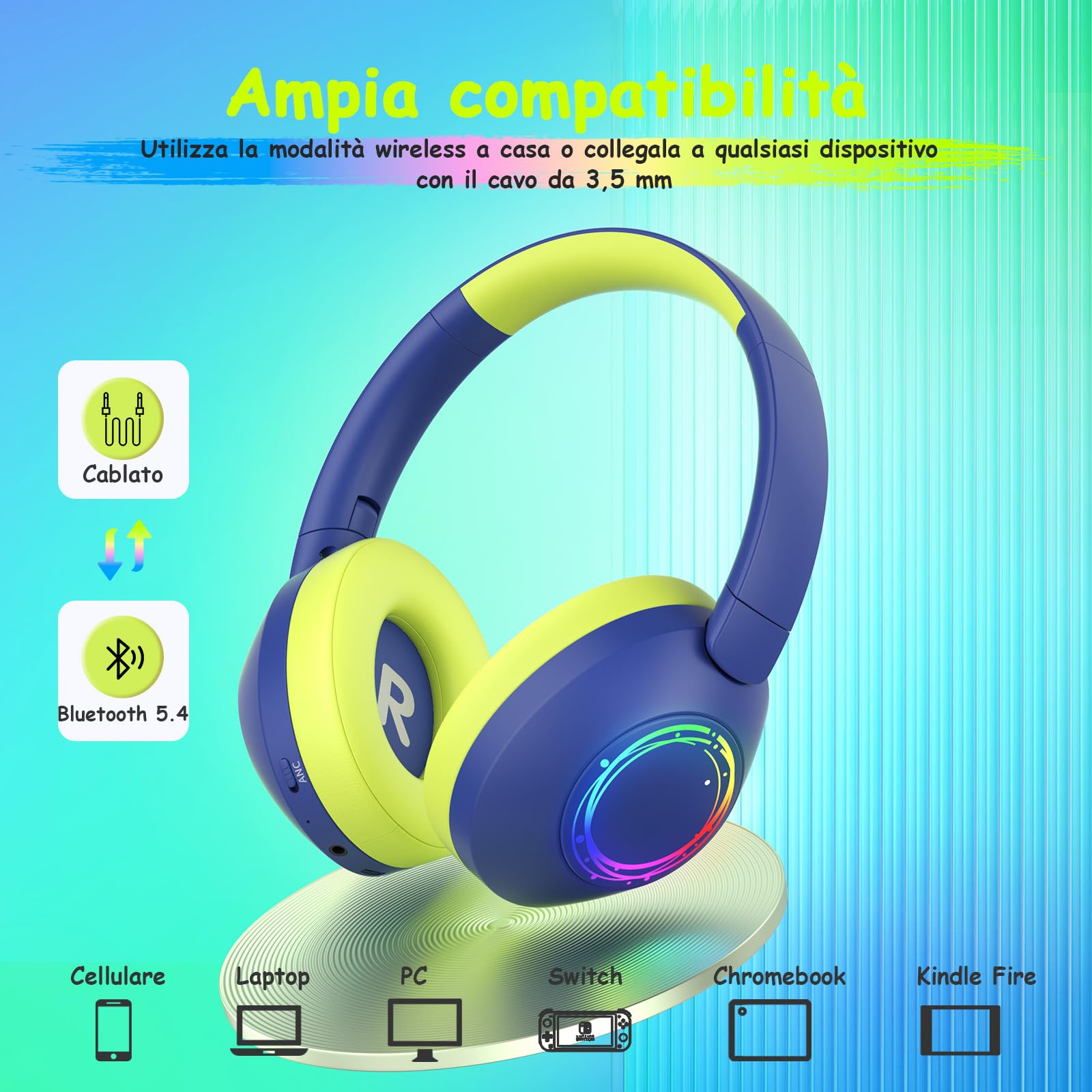 TONOSHARK Cuffie Bluetooth Cancellazione Rumore per Bambini, Cuffie Bambino Con Luci LED RGB Colorate, 60 Ore Di Autonomia, Over-Ear Bluetooth 5.4, Microfono Integrato, Per Casa/Scuola/Feste (Blu)