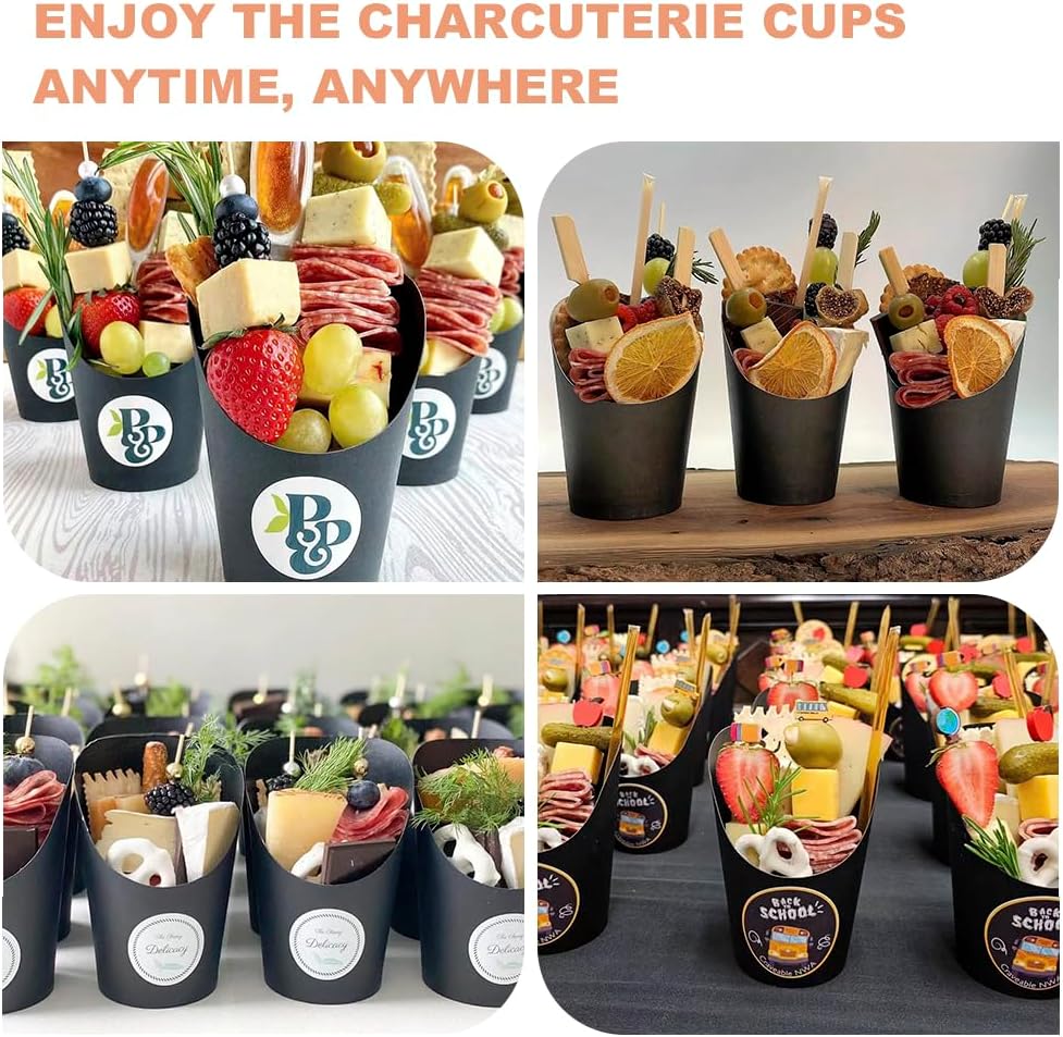 100pcs 12oz Charcuterie Cups Black, 200pcs Cocktail Sticks + 100pcs Bags, Disposable Charcuterie Cups with Sticks, Paper French Fry Cup Individual Charcuterie Cup for Snacks, Appetizer
