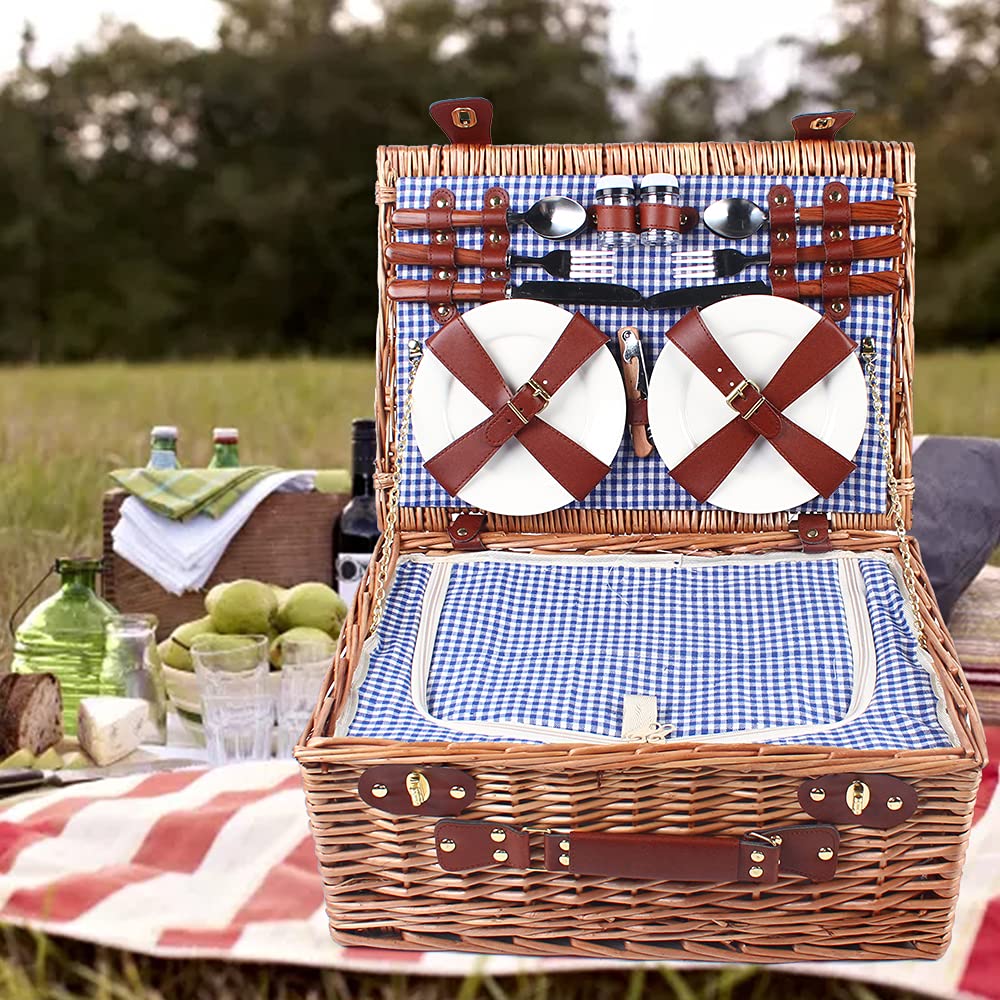 Wicker Picnic Basket Set, Picnic Baskets for 2, Package Include Cooler Compartment, Wine Glasses, Belt, Ceramic Plate, Knifes, Forks & Spoons, for Picnic, Camping, Valentine Day, Outdoor Party