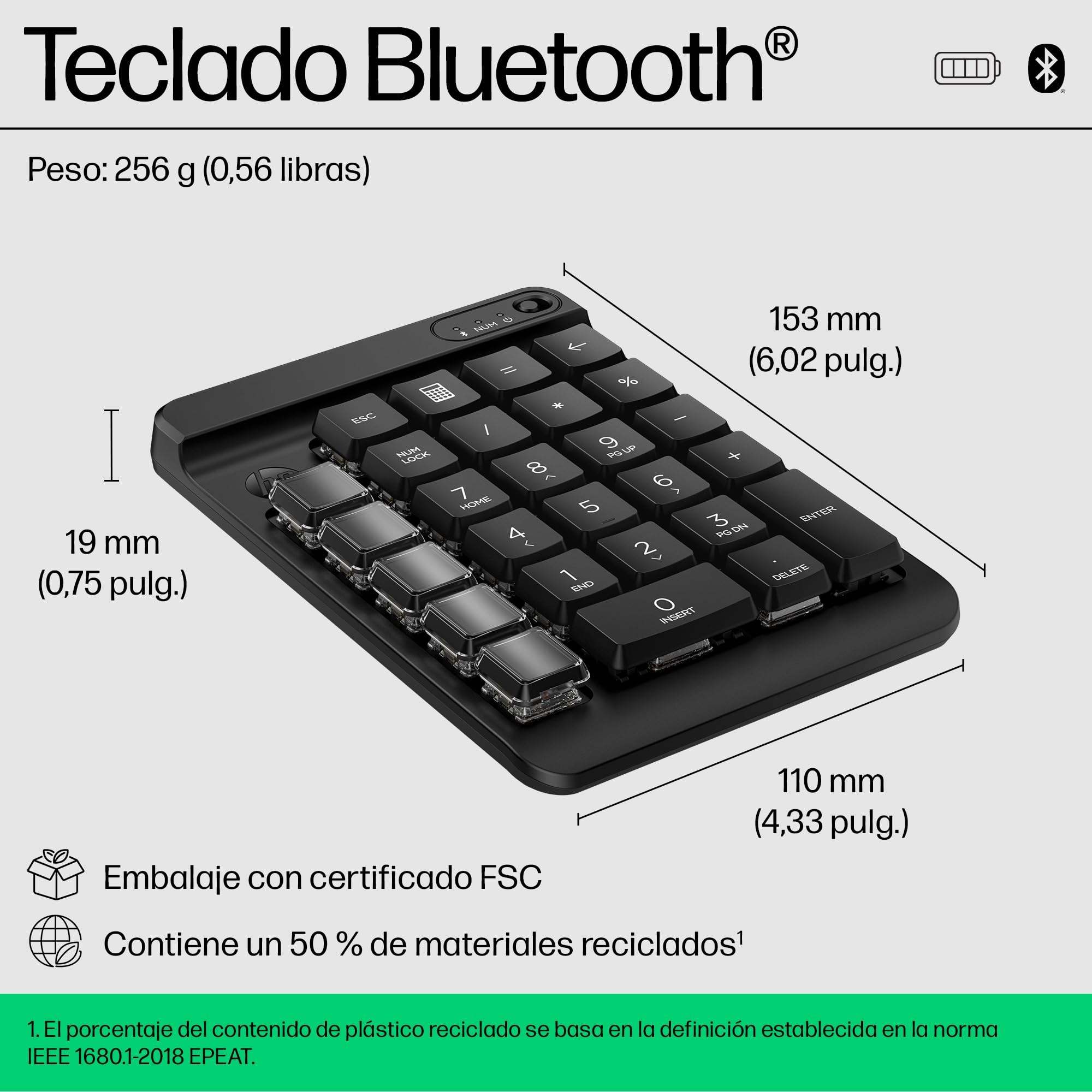 HP 430 Teclado Numérico Programable Inalámbrico, Bluetooth 5.3, 50 Millones de Pulsaciones, Compatible con Windows 10/11, macOS y ChromeOS, Diseño Compacto, Color Negro
