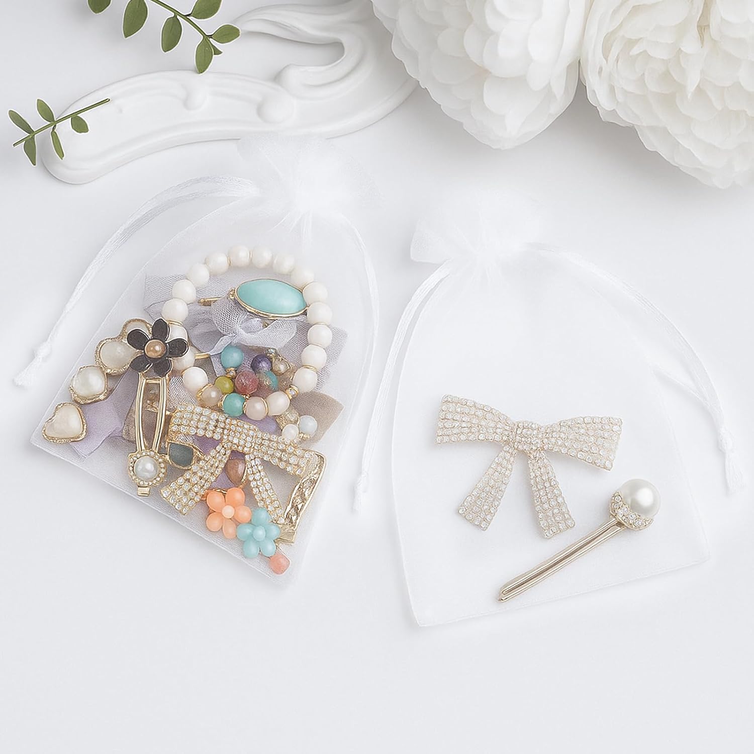 G2PLUS 25PCS White Organza Bags 5x7 inches, Sheer Mesh Jewelry Pouches, Organza Gift Bags with Drawstring for Candy, Jewelry, Wedding Party Favors - Image 5