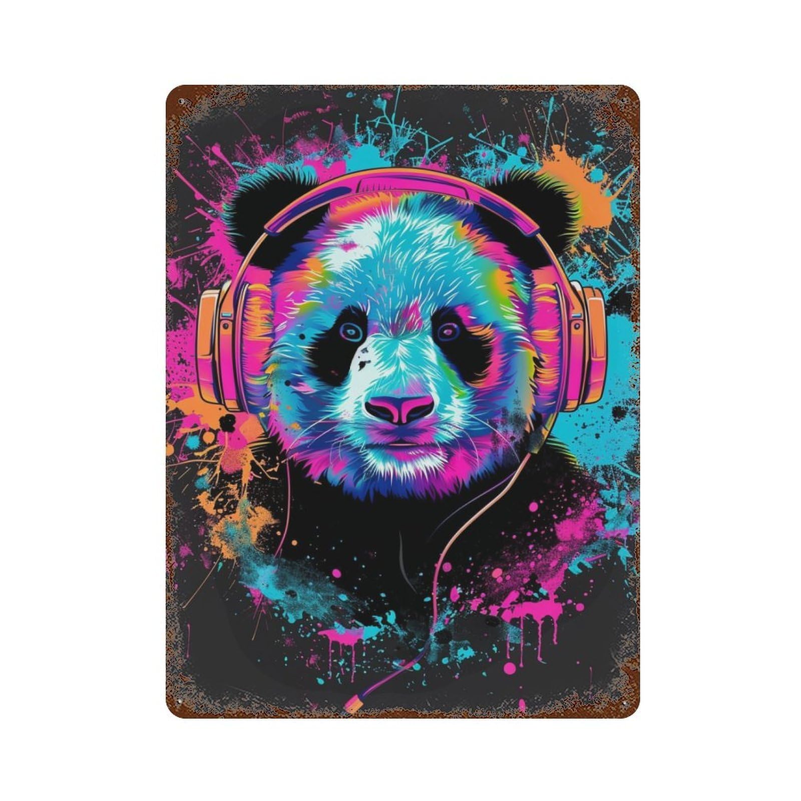 Rust Effect Tin Sign Colorful Panda with Headphones 15.7"x11.8", Vintage Wall Decor for Living Room, Hallway And Home Decor