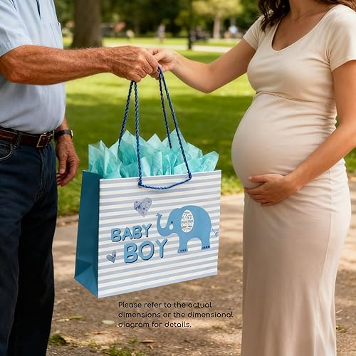Miniatura 3 de DiffyGo Bolsa de regalo de bebé grande de 13 pulgadas para baby shower con papel de seda y tarjeta (azul)