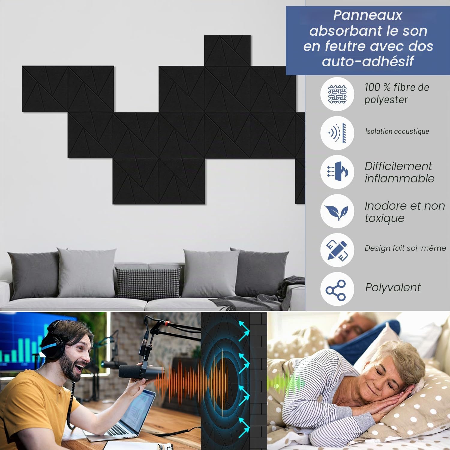 Lot de 12 panneaux acoustiques autocollants - Noir - Motif triangulaire - 30 x 30 x 0,9 cm - Panneaux acoustiques - Absorbeur de bruit - Tapis d'insonorisation