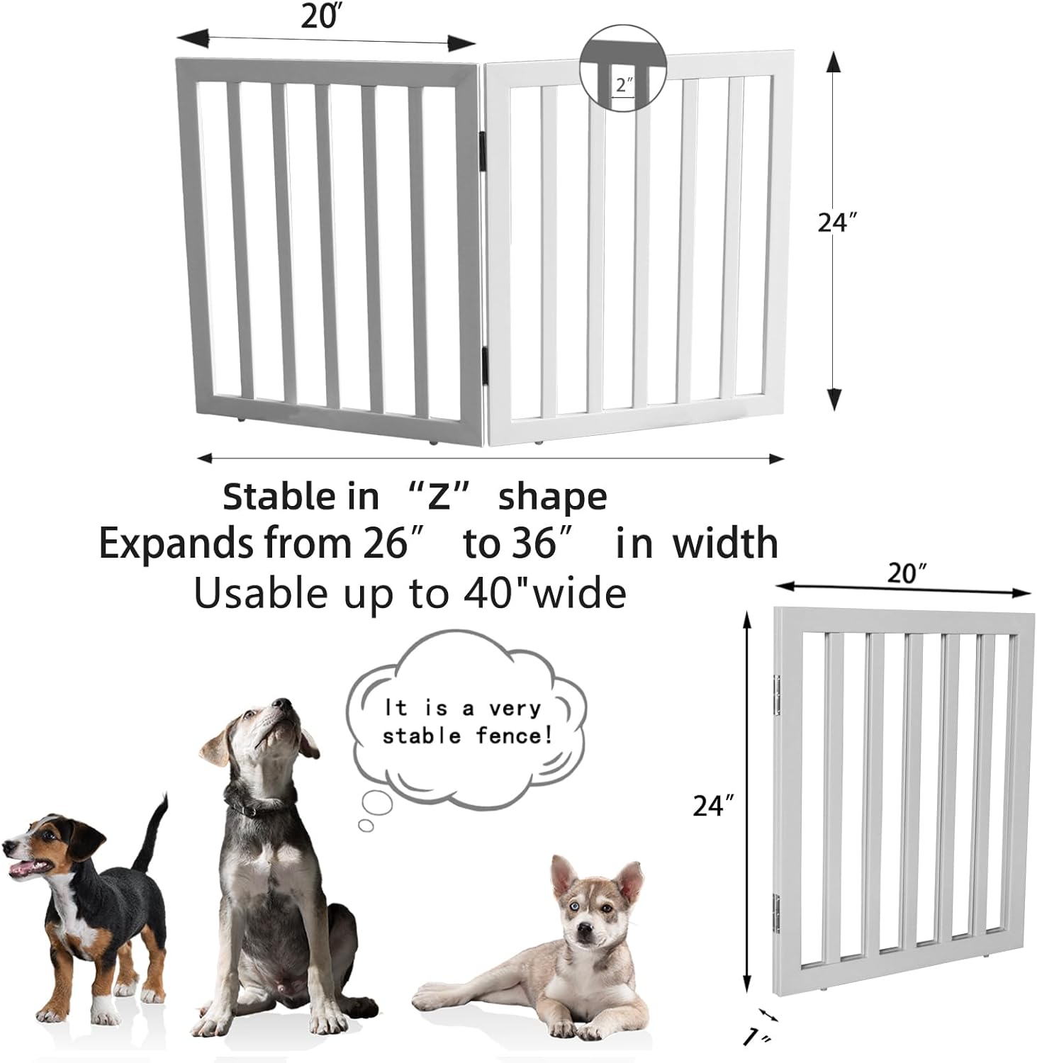 ZJSF Freestanding Indoor Dog Gate - Foldable Wood White Puppy Gate for Doorways & Stairs - 24 Height, 2 Panels
