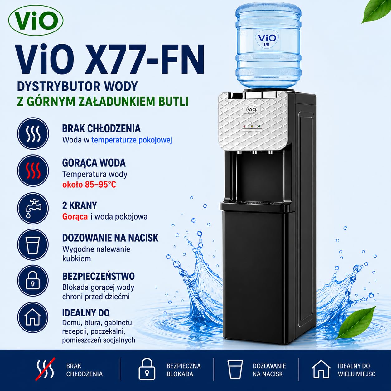ViO X77-FN Dystrybutor Wody Czarny Bez Chłodzenia Górny Załadunek Butli Woda w Temperaturze Pokojowej Do Biura Do Domu Wolnostojący Dozownik Wody Pitnej