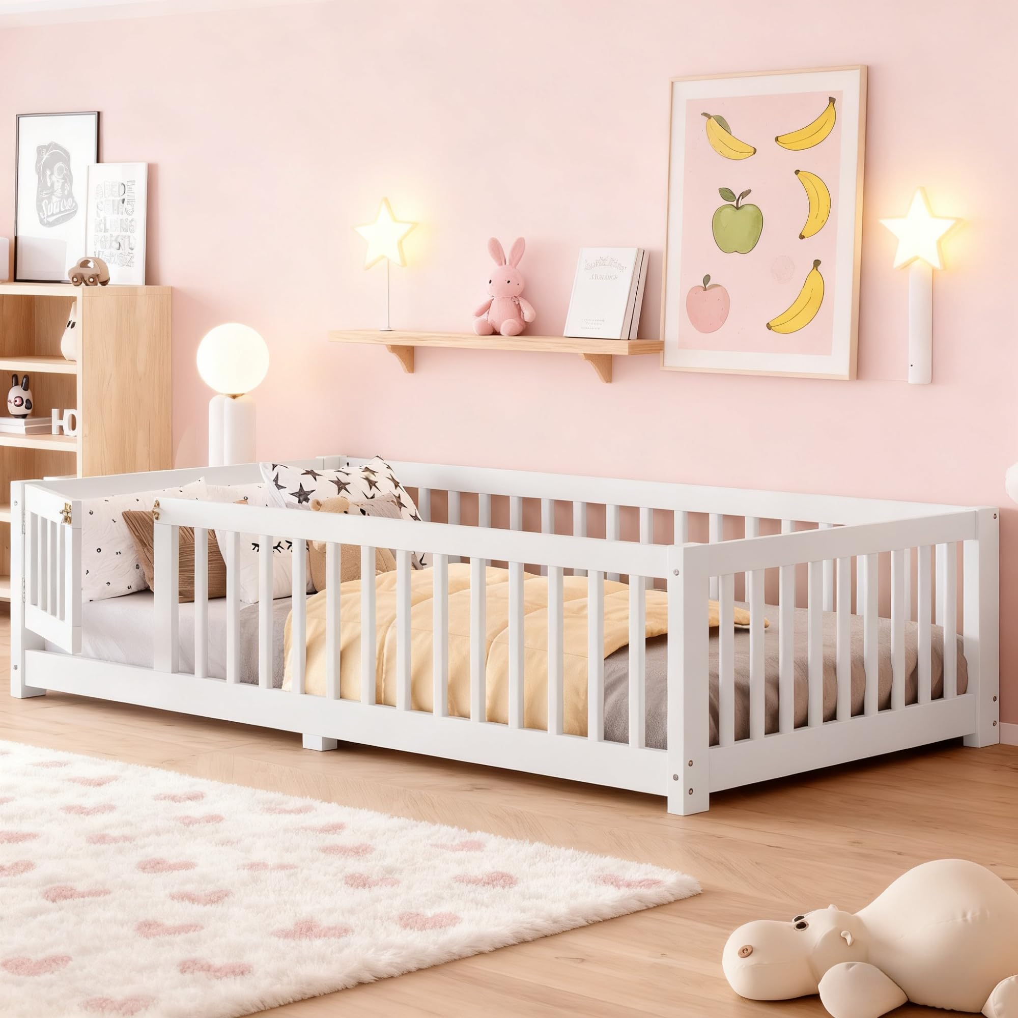 Twin Size Floor Bed with Door and Support Slats, Wood Kids Floor Bed with Full-length Guardrails, Montessori Floor Bed Frame for Kids, Boys, Girls,