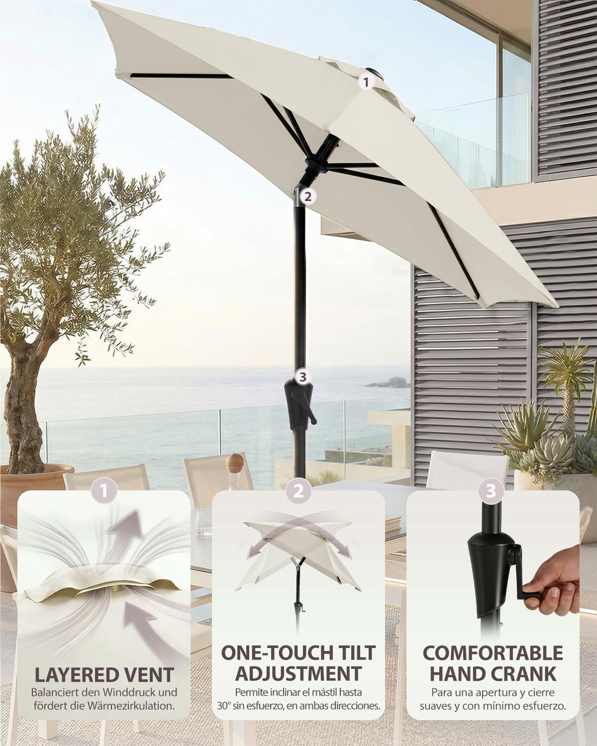 Sunula Parasol rectangulaire avec système de manivelle, tube en acier de 38 mm et baleines ovales de 12 x 18 mm, parasol de marché, protection solaire pour balcon, jardin