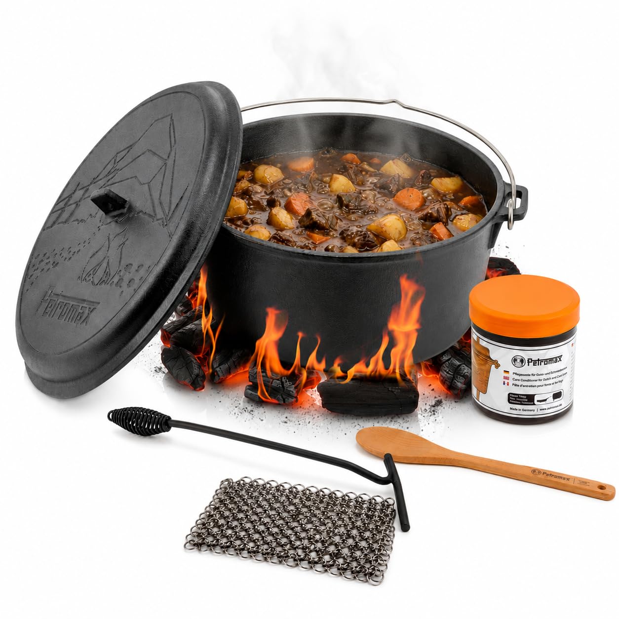 Petromax Dutch Oven ft9-t Komplettset – Feuertopf 7,5 L Gusseisen | Mit Deckelheber, Pflegepaste, Ringreiniger & Kirschholz-Löffel. Deckel als Pfanne. Für Grill, Ofen & Feuer, 8-14 Pers.