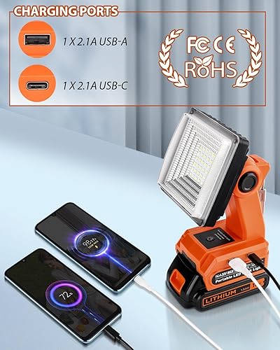 Miniatura 4 de Luz de trabajo LED inalámbrica para batería Black and Decker de 20 V, reflector LED de 25 W con puertos de carga rápida USB-A y USB-C 2.1A para